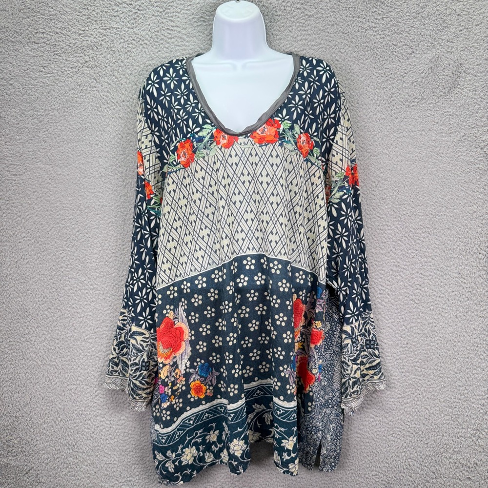 Johnny Was Top Womens 3X Floral Mixed Print Cupra Rayon V-Neck Tunic NMC84791BX